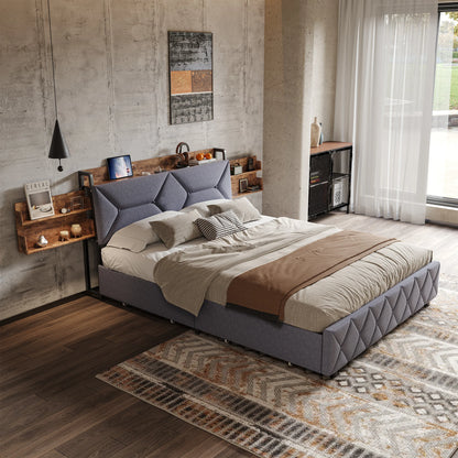 Bett 140 x 200 mit USB, Doppelbett mit 4 Schubladen, Kopfteil mit ausziehbarem Stauraum, Erwachsenenbett mit Lattenrost