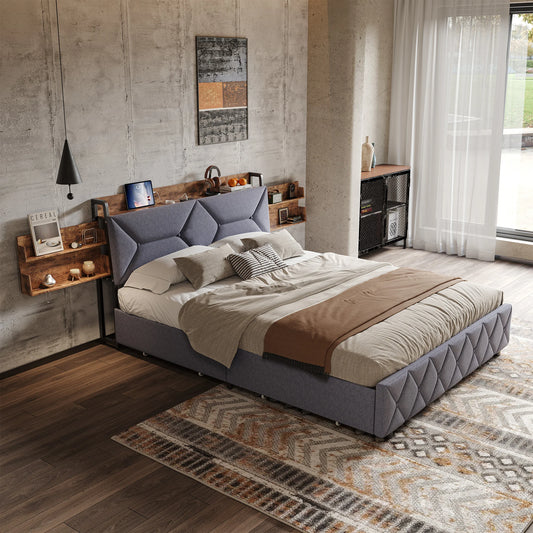 Bett 160 x 200 mit USB, Doppelbett mit 4 Schubladen, Kopfteil mit ausziehbarem Stauraum, Erwachsenenbett mit Lattenrost aus Holz