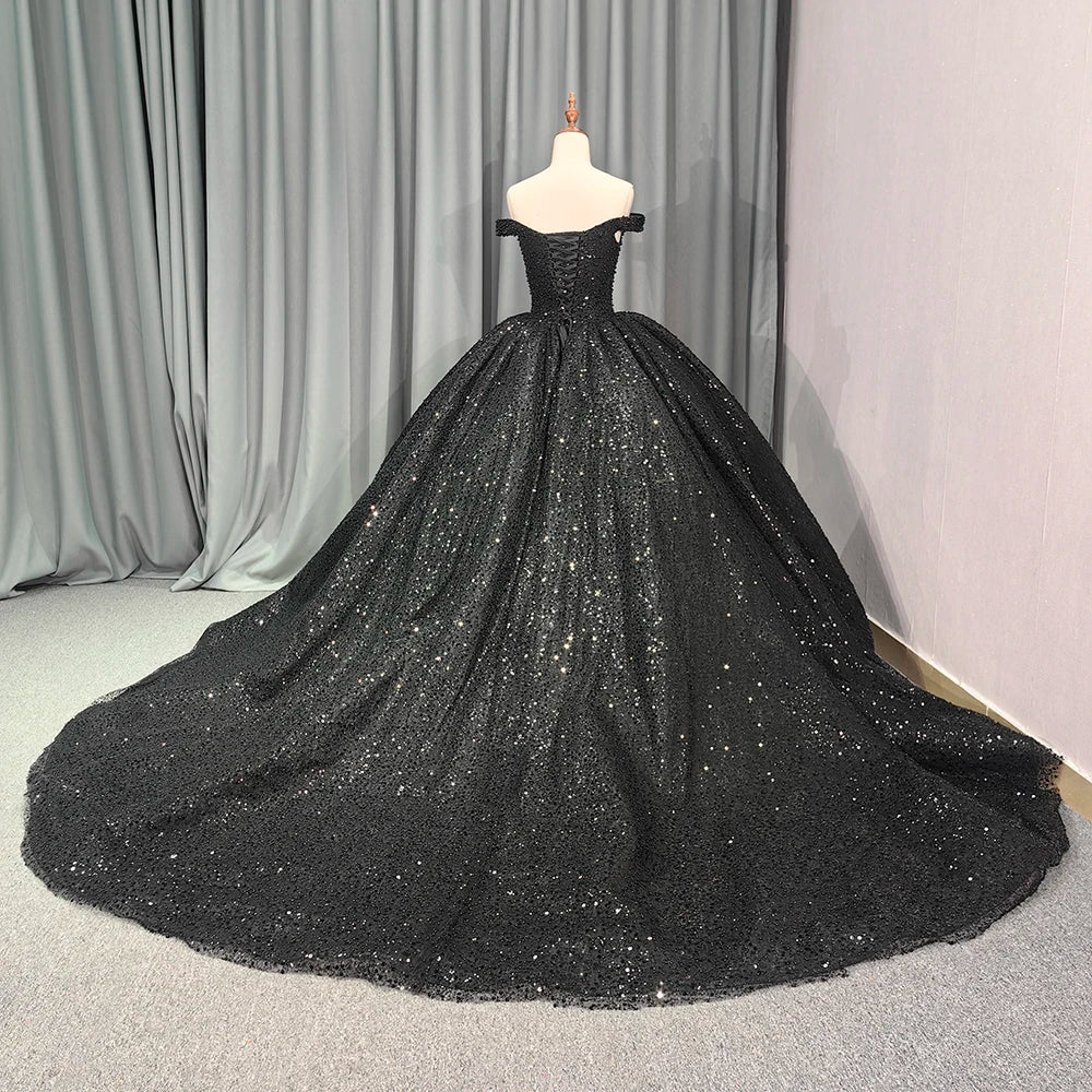 Jancember 6679 Black Off Shoulder Teenage Sequins Birthday Party Formal Quinceanera Dresses.