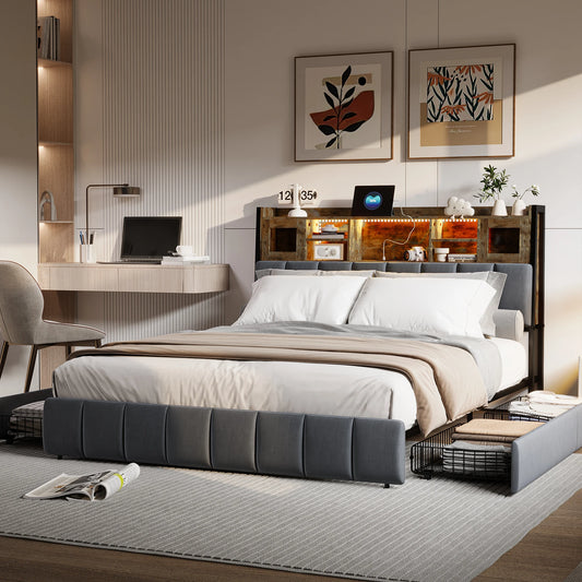 WoodenAura Polsterbett 140x200cm, Doppelbett mit 4 Schubladen, LED Kopfteil mit USB Ladefunktion, Rückenlehne Bett mit Stauraum