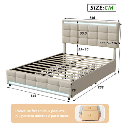 Rosahqnda Gepolstertes Doppelbett 140-160 x 200 cm mit 4 Schubladen und LED, Stauraumbett, Gästebett, Apartmentbett, Leinen