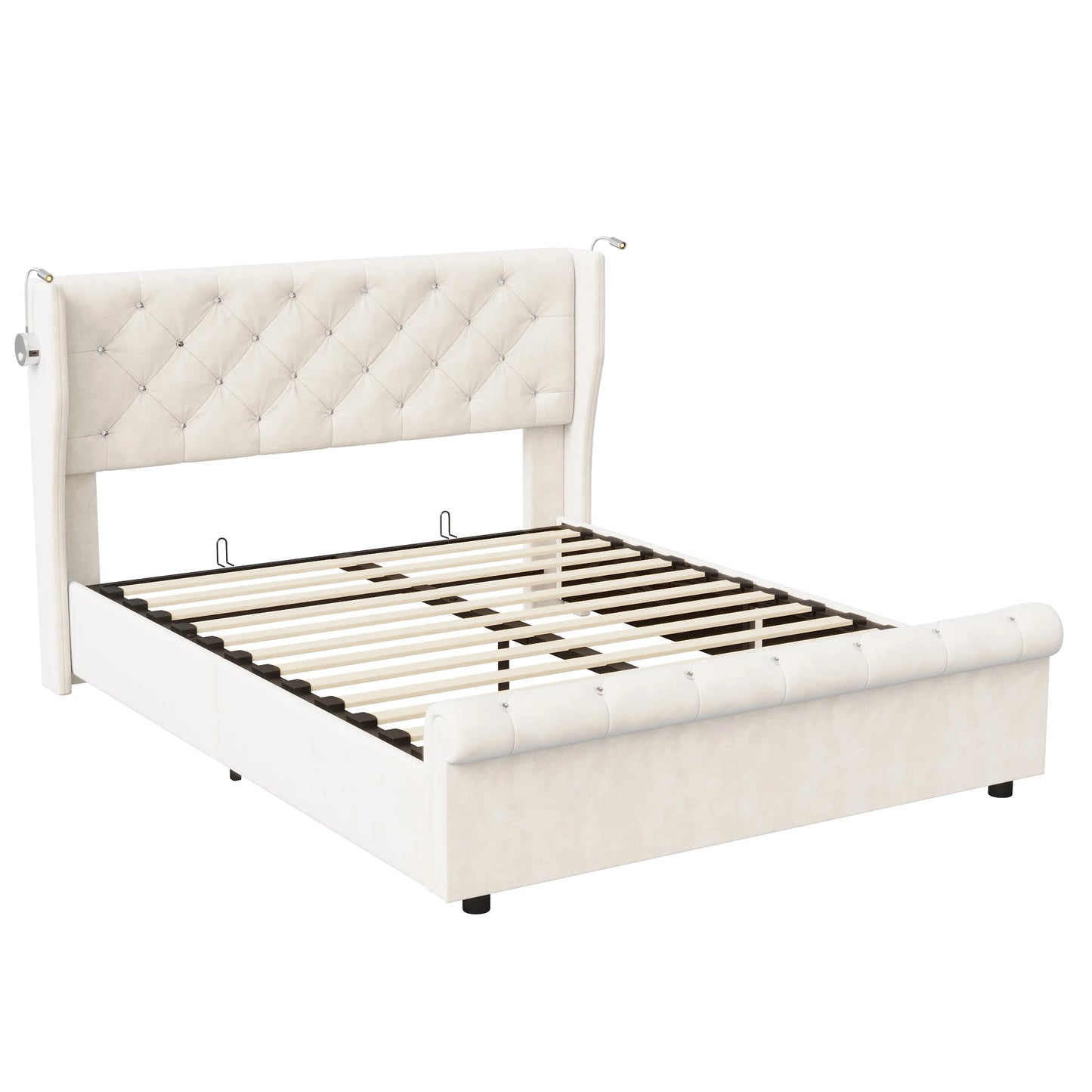 Doppelbett 140 x 190 cm mit LED-Beleuchtung und USB-Ladeanschluss, gepolsterte Doppelbettbetten mit Stauraum und Lattenrost, Samt, Beige