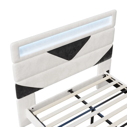 Doppelbett 160x200 cm, mit zwei USB-Ladeanschlüssen und LED-Lichtleiste, dreieckiges Kopfteil, verstellbare Holzplatte, Samt