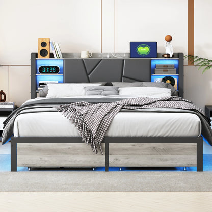 ROSAHQNDA Modernes Polsterbett mit Schubladen, LED-Doppelbettrahmen aus PU-Leder und Eisen mit USB-Ladeanschluss, ohne Matratze