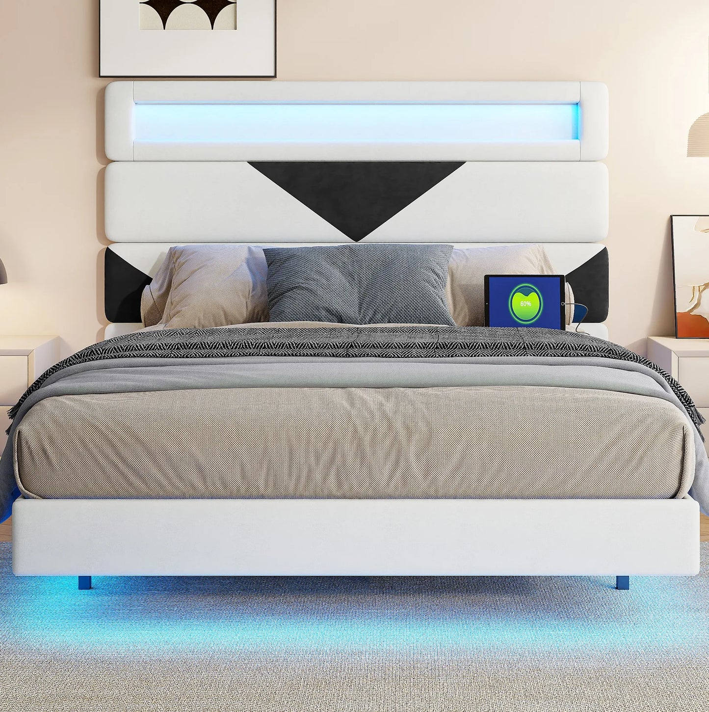 Rosahqnda Schwebebett 140*190cm Doppelbett Rahmen 160*200cm mit LED&USB Polsterbett Erwachsenenwohnung Jugendbett Samt