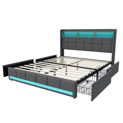 Double Bed,Upholstered Bed with LED and USB Charging Port,4 Drawers and Storage Backrest for Adults or Teen Bedrooms,Beige/Grey