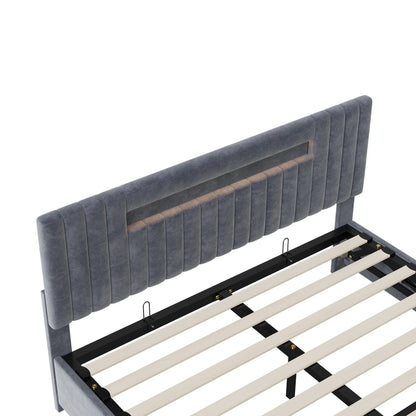 Rosahqnda 140x200 Bett mit Stauraum und Untergestell, gepolstertes Bett mit Stauraum, Doppelbett mit LED, Bettgestell aus Samt, mit Lattenrost, Grau