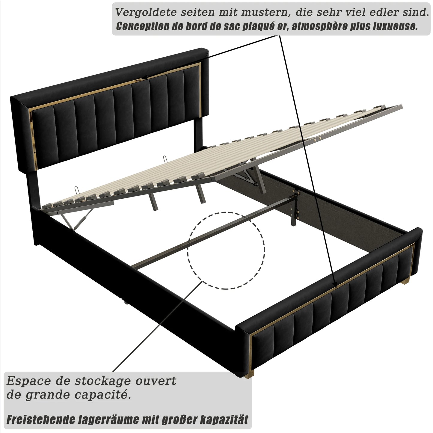 Rosahqnda Upholstered Bed 160x200cm,Hydraulic Storage Function,Light Luxury Style Double Bed,Suitable for Bedroom,Adults,Black