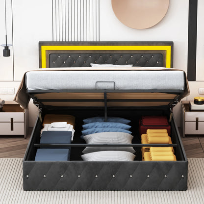 Rosahqnda gepolstertes Doppelbett 140 x 200 cm mit LED-Beleuchtung, hydraulischem Stauraumbett und Lattenrost, Funktionsbetten, Samt