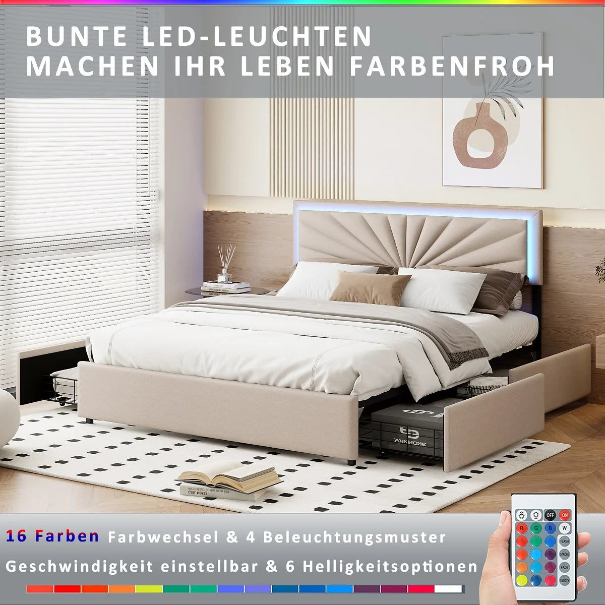 Polsterbett Doppelbett160x200cm mit LED-Beleuchtung,Stauraumbett mit 4 Schubladen,Bett mit Kopftei und Holzgestell,Leinen, Beige