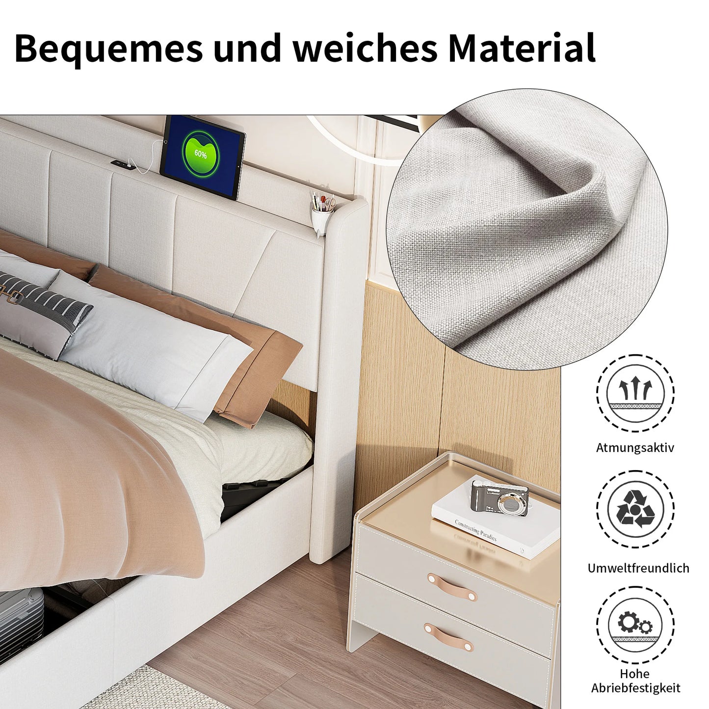Comanlai 140 x 200 cm Polsterbett, hydraulisches Bett mit Stauraum, mit USB und Typ C, Jugendbett, ohne Matratze, Leinenstoff, Beige