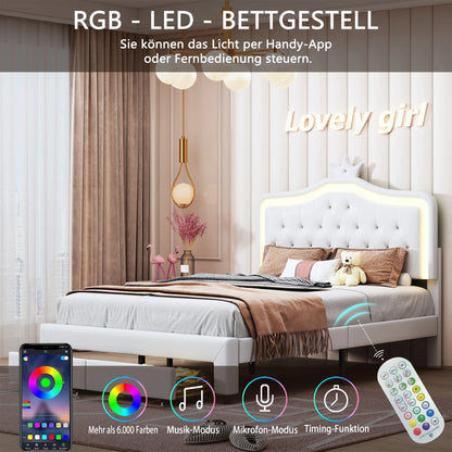 Polsterbett 140x200 cm für Kinder, Prinzessinnenkrone mit LED und Schubladen, Jugendbett mit höhenverstellbarem Kopfteil