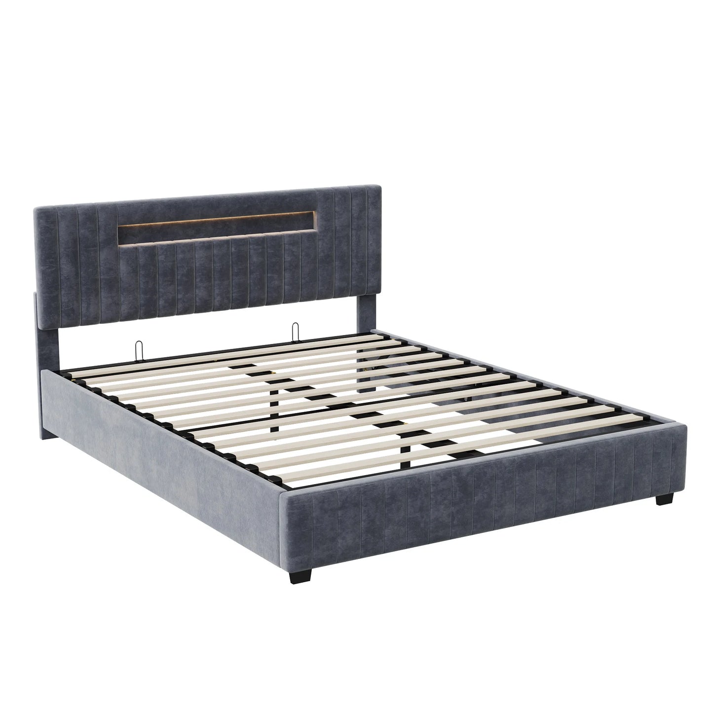 Rosahqnda 140x200 Bett mit Stauraum und Untergestell, gepolstertes Bett mit Stauraum, Doppelbett mit LED, Bettgestell aus Samt, mit Lattenrost, Grau
