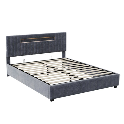 Rosahqnda 140x200 Bett mit Stauraum und Untergestell, gepolstertes Bett mit Stauraum, Doppelbett mit LED, Bettgestell aus Samt, mit Lattenrost, Grau