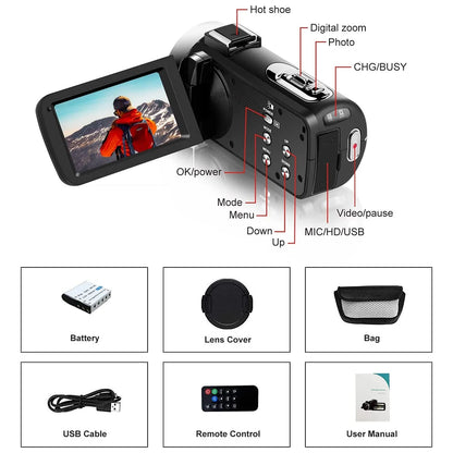 4K Portable Digital photography Camera 2 in1 Photo Video Record DV Travel Video Camera 18X Zoom 3'' Rotatable Screen With Flash.