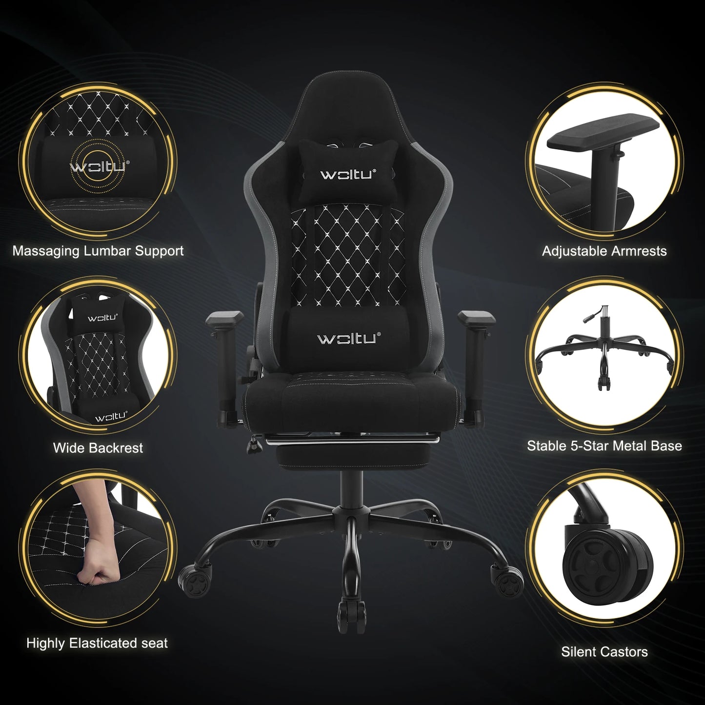 WOLTU Drehbarer Massage-Computer-Gaming-Stuhl, ergonomischer Racing-Gamer-Bürostuhl mit Rollen, Kopfstütze, Fußstütze, Lendenkissen