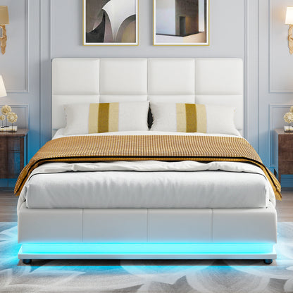 Rosahqnda Hydraulischer Doppelbettrahmen 140*190cm mit LED, Verstellbares Kopfteil, Stauraumbett 140*200cm, Polsterbett, PU