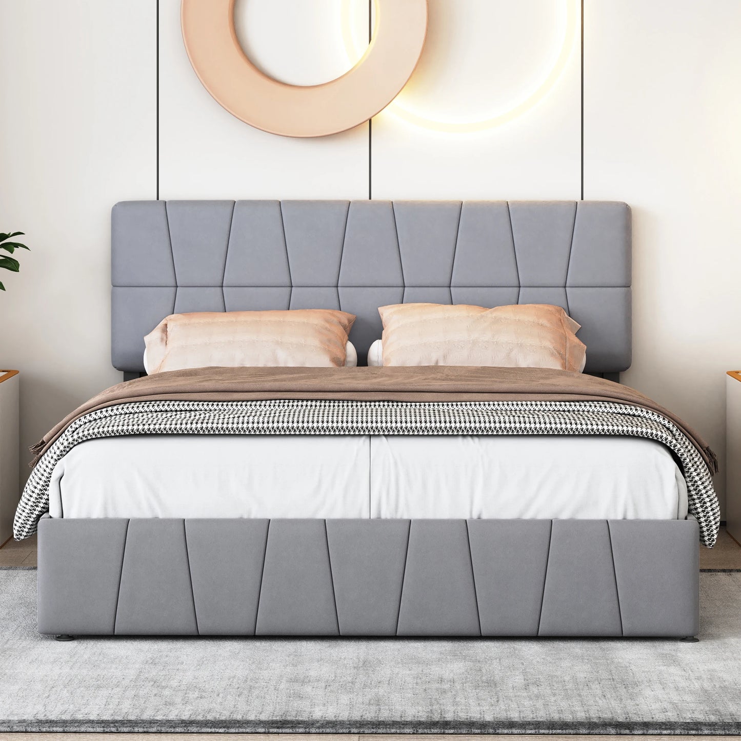 Rosahqnda Upholstered Bed 140x200cm,4 Storage Drawers,Modern Double Bed,Suitable for Adults,Teenagers,Gray,Velvet