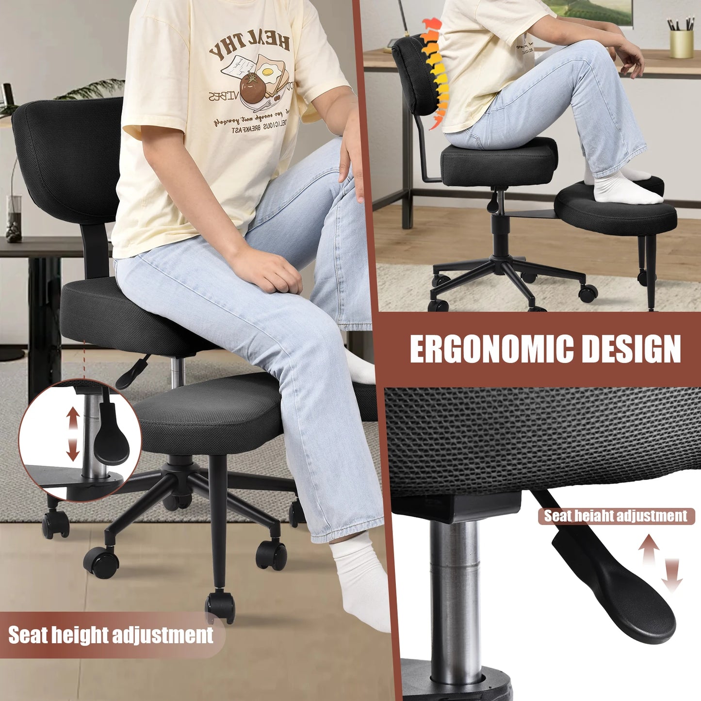 Stuhl mit gekreuzten Beinen, Stuhl mit gekreuzten Beinen für Erwachsene, höhenverstellbare Beinstütze mit Rollen zum Zappeln, zappelige Sitter mit mehreren Positionen