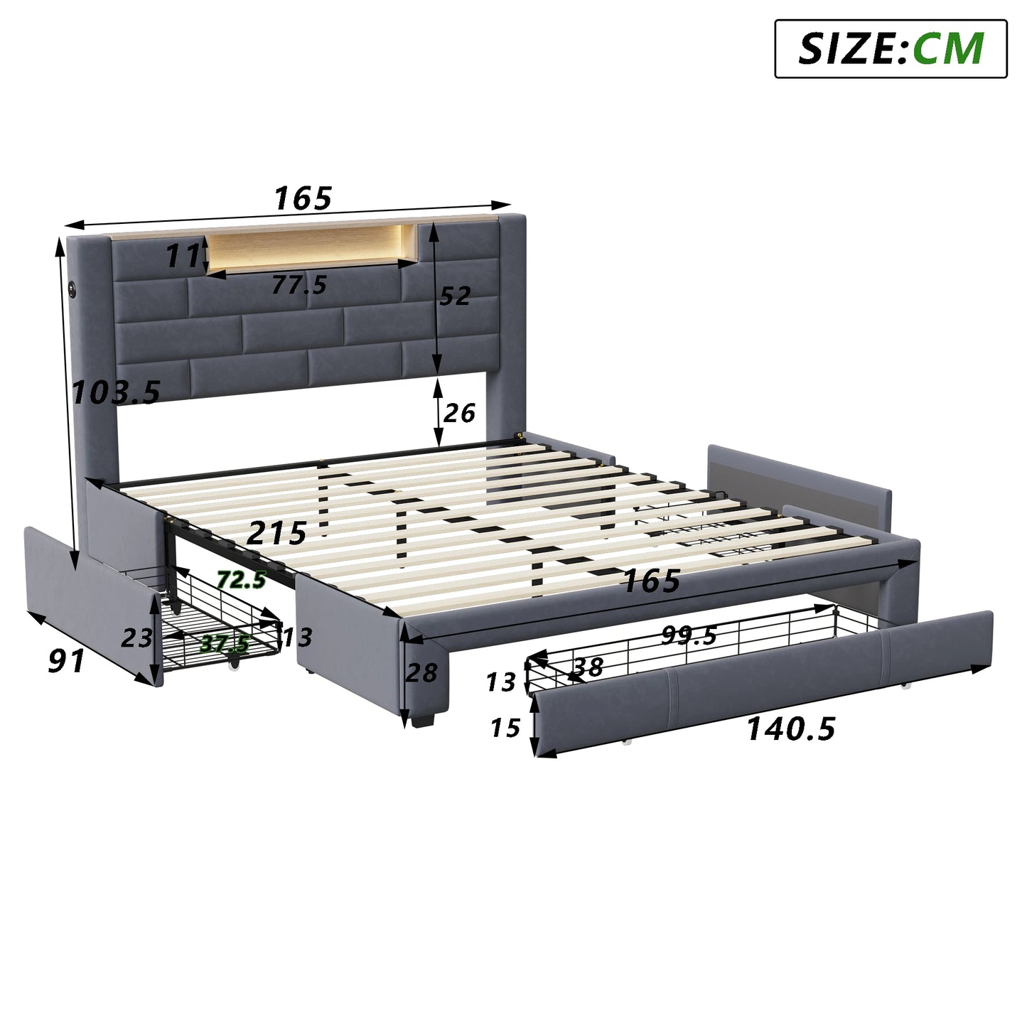 Upholstered Bed 160x200cm with LED and USB Charging Socket,Drawer Storage Bed,Bedside Storage,Adult Livingroom,Gray,Velvet