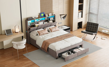 Rosahqnda LED-Polsterbett für Doppelbett mit 2 Schubladen, Kopfteil mit Stauraum und USB, Jugendbett mit Stauraum, Leinen