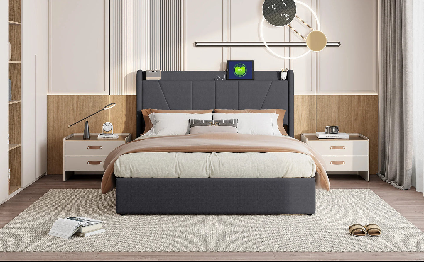 Rosahqnda Gepolsterter Doppelbettrahmen 140-160x200 cm Leinen USB-Hydraulikbett mit Stauraum Gästebett Schlafzimmer