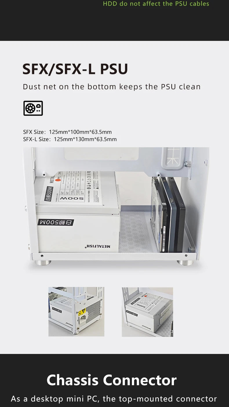 METALFISH T40 Mini ITX Black Case 7L Gaming Computer Chassis Compact transparent PC Support SFX PSU/70mm Cooler/206mm GPU.