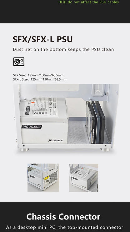 METALFISH T40 Mini ITX Black Case 7L Gaming Computer Chassis Compact transparent PC Support SFX PSU/70mm Cooler/206mm GPU.