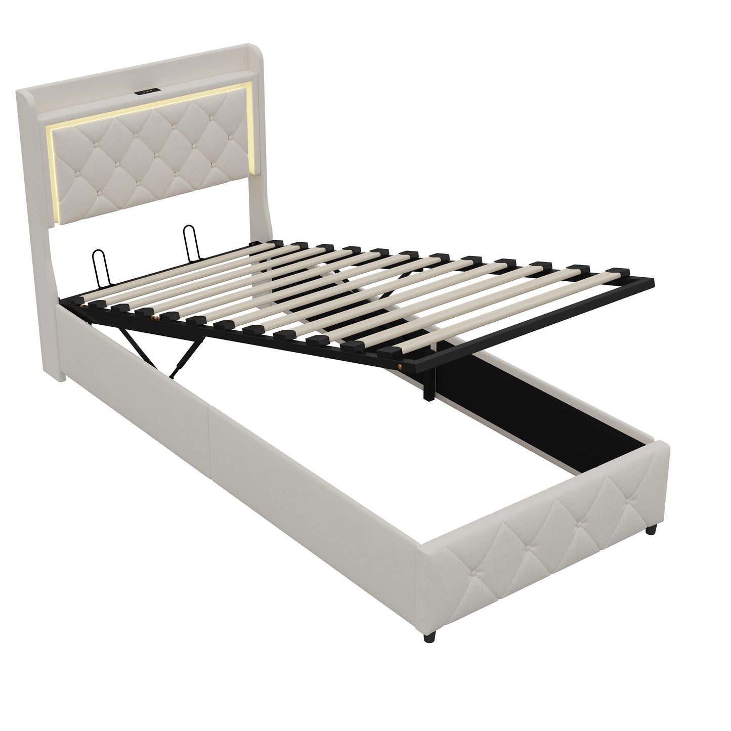 Rosahqnda Polster-Einzelbett 90 x 200 cm mit LED, Jugendbett mit USB/Typ-C, Bettkasten, Holzrahmen, Flanell (ohne Matratze)