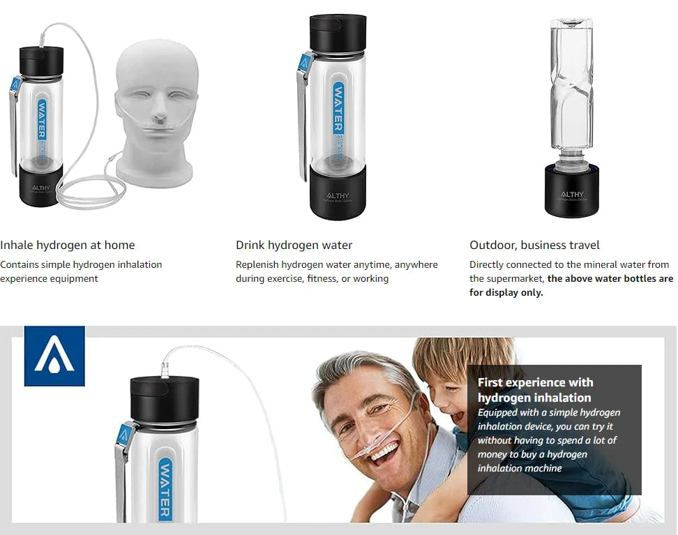 ALTHY Hydrogen Water Generator Bottle Cup DuPont SPE+PEM Dual Chamber,40 Times Working/ Single charged ,H2 Inhalation Device.