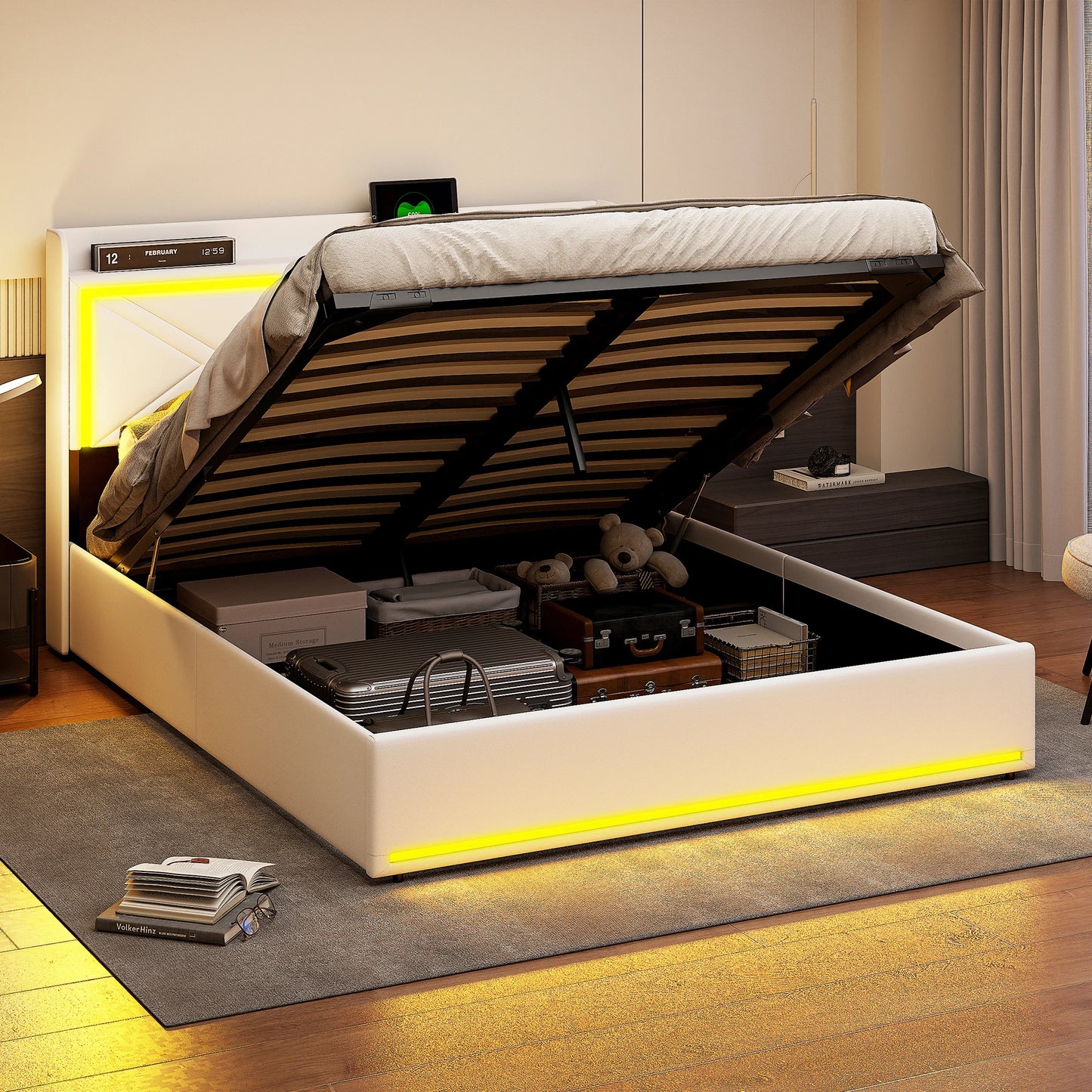 WoodenAura Hydraulisches Doppelbett, Polster bett mit Stauraum und LED-Beleuchtung, Metall rahmen Bett mit latten, PU-Leder weiß