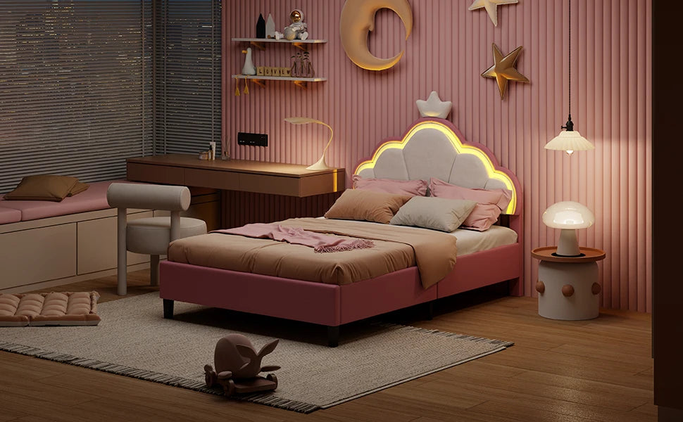 Rosahqnda Kinderbett, Gepolstertes Einzelbett, LED-Beleuchtung, Prinzessinnen-Mädchenbett mit Kronenblüten-Kopfteil, Lattenrost