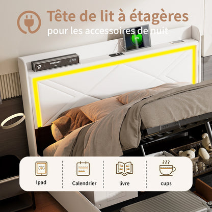 WoodenAura Hydraulisches Doppelbett, Polster bett mit Stauraum und LED-Beleuchtung, Metall rahmen Bett mit latten, PU-Leder weiß