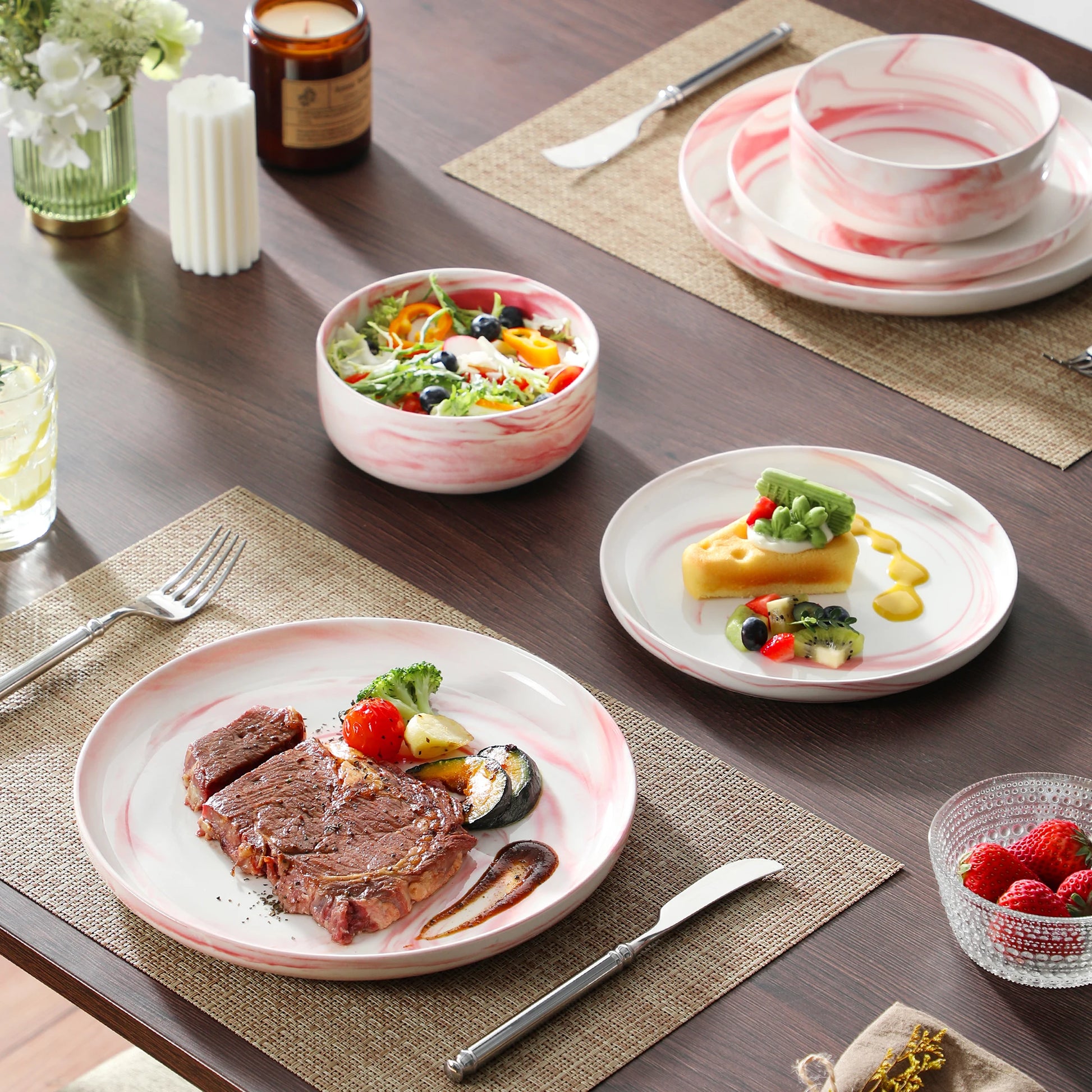 MALACASA 18/36-Piece Ceramic Plate Porcelain Dinnerware Set with 6/12 Pcs Dinner/Dessert Plates,Bowl Tableware Set for 6/12.