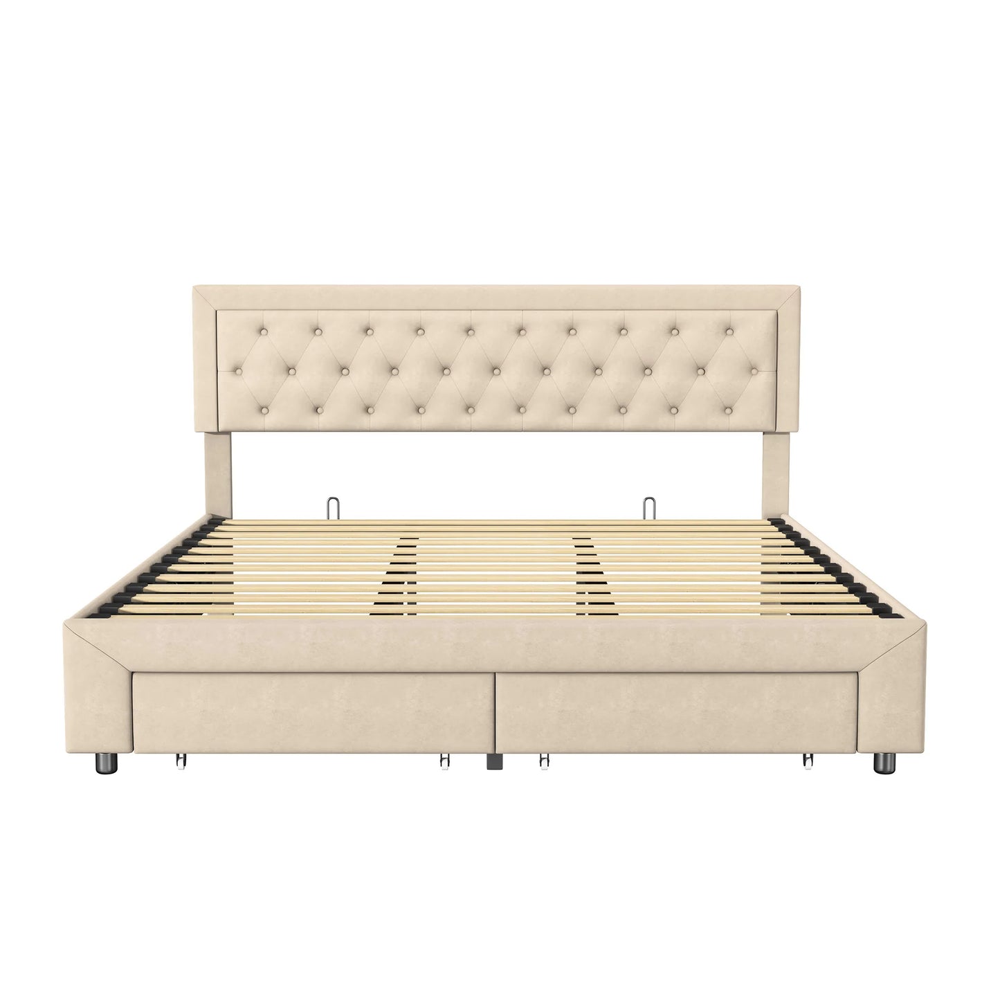 Rosahqnda Bett mit Stauraum, 160–180 x 200 cm, mit Schubladen gepolstert, Doppelbett, hydraulisches Bett, Jugendbett, Wohnungsbett, Samt, Beige/Grau