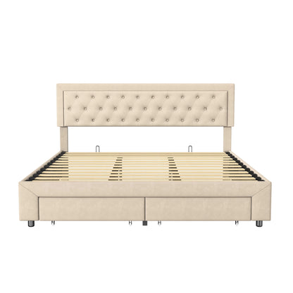 Rosahqnda Bett mit Stauraum, 160–180 x 200 cm, mit Schubladen gepolstert, Doppelbett, hydraulisches Bett, Jugendbett, Wohnungsbett, Samt, Beige/Grau