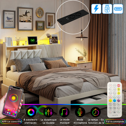 Comanlai Polsterbett 140 x 200 cm, Doppelbett mit 3 Schubladen, USB-Ladefunktion, ohne Matratze, Samt, Beige