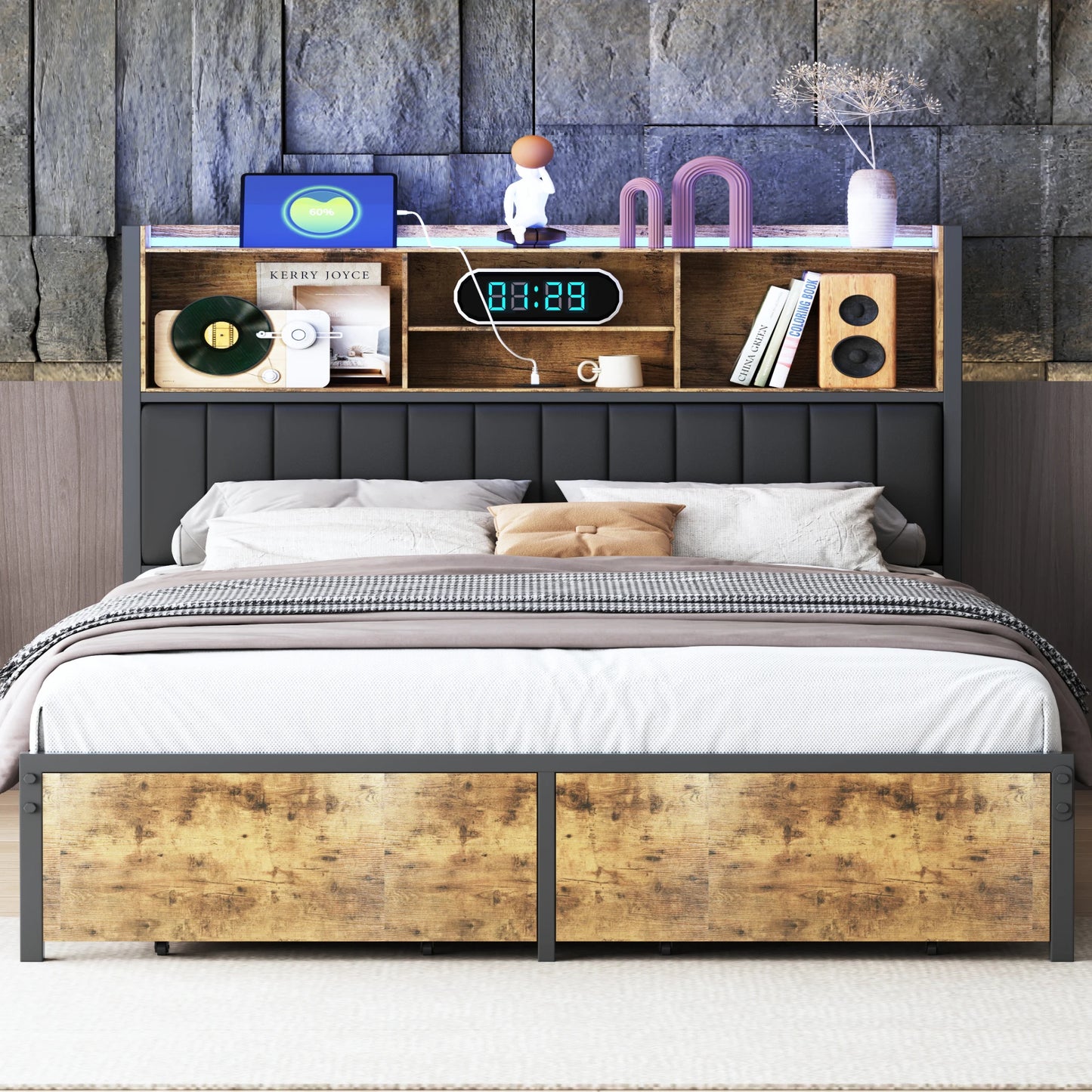 WoodenAura Doppelbettgestell aus Holz und Metall, Retro-Bett mit LED-PU-Kopfteil und 2 Schubladen, modernes Bett mit Stauraum
