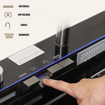 Wasserfall-Küchenspüle aus Edelstahl 304, großes Einzelschlitz-Wasserhahn-Set mit integrierter Digitalanzeige, Seifenspender, Tassenwascher