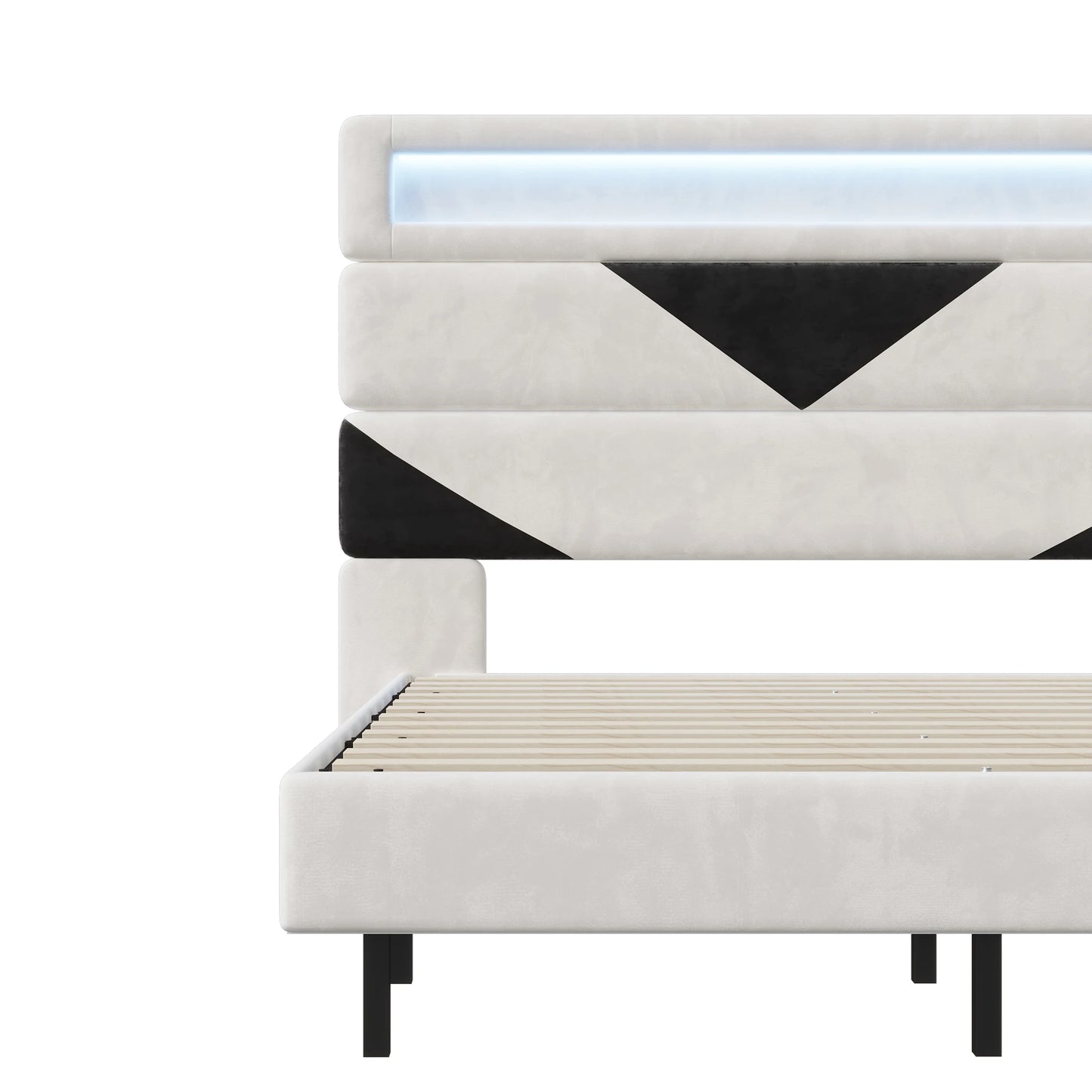 Rosahqnda Double Bed 140x190cm,Upholstered Bed with LED lighting and USB Charging Port,Youth Bed Ajudtable Headboard,WhiteVelvet