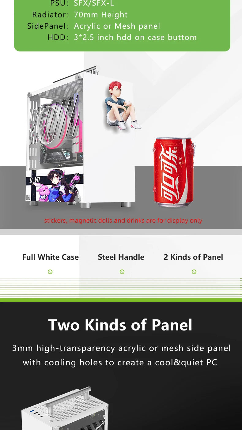 METALFISH T40 Mini ITX Black Case 7L Gaming Computer Chassis Compact transparent PC Support SFX PSU/70mm Cooler With Handle.