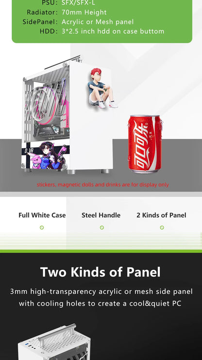 METALFISH T40 Mini ITX Case 7L Gaming Computer White Chassis Compact Transpare PC Support SFX PSU/70mm Cooler With Handle.