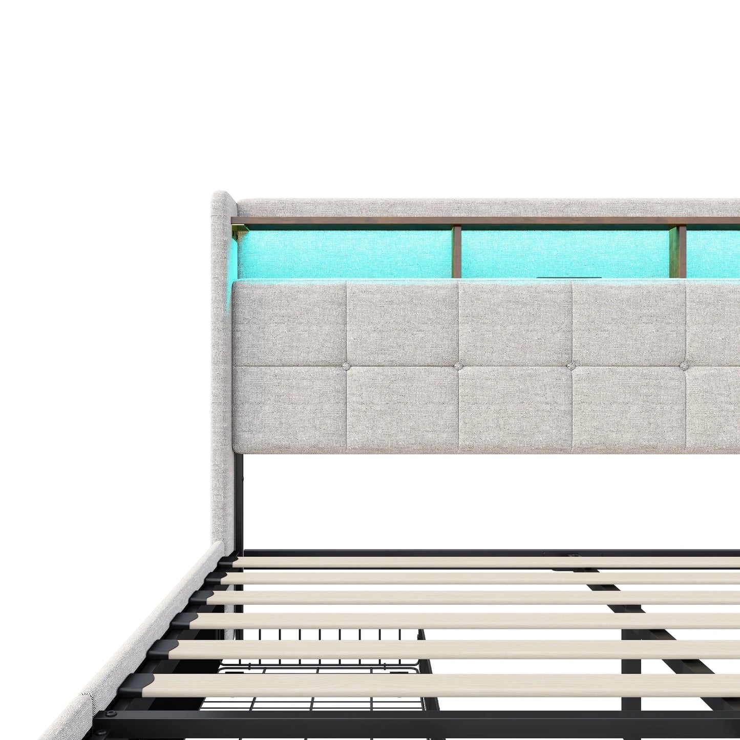 Double Bed,Upholstered Bed with LED and USB Charging Port,4 Drawers and Storage Backrest for Adults or Teen Bedrooms,Beige/Grey