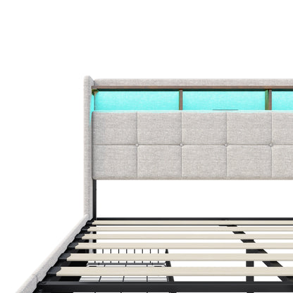 Double Bed,Upholstered Bed with LED and USB Charging Port,4 Drawers and Storage Backrest for Adults or Teen Bedrooms,Beige/Grey