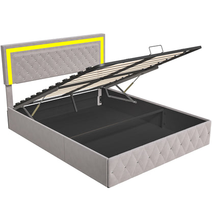 Rosahqnda gepolstertes Doppelbett 140 x 200 cm mit LED-Beleuchtung, hydraulischem Stauraumbett und Lattenrost, Funktionsbetten, Samt