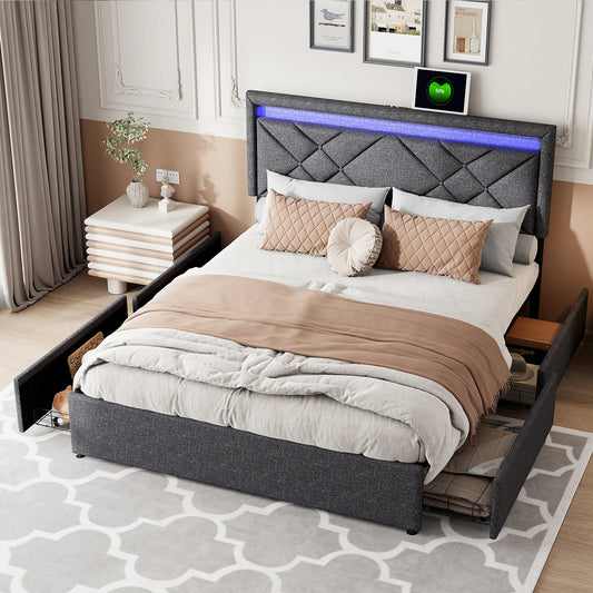LED Bed Frame Queen Size with Headboard and 4 Drawers, 1 USB Port and 1 Type C Port, Adjustable Upholstered Headboard, No Box