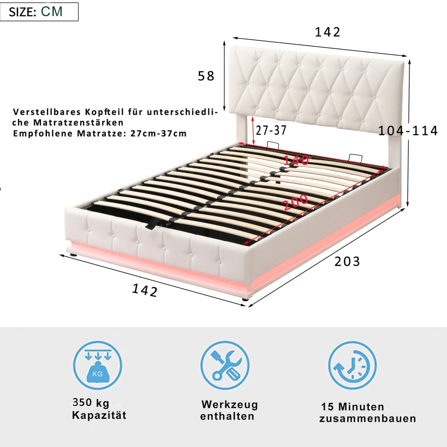 Rosahqnda gepolstertes Doppelbett 140 x 200 cm, LED-Beleuchtung, Doppelbett mit Stauraum, Kinderbett, Jugendbett, weißes PU-Leder