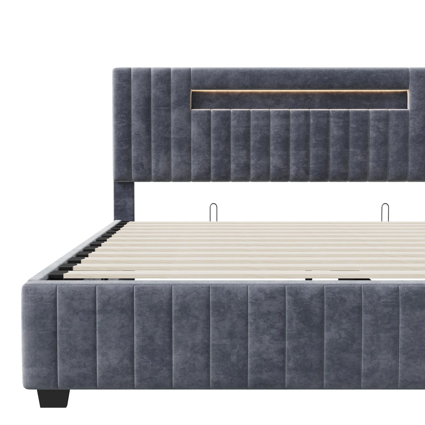 Rosahqnda hydraulisches Doppelbettgestell 140–160 x 200 cm mit LED, USB und großem Stauraum, gepolstertes Gästebett, Teenager-Wohnbett, Samt