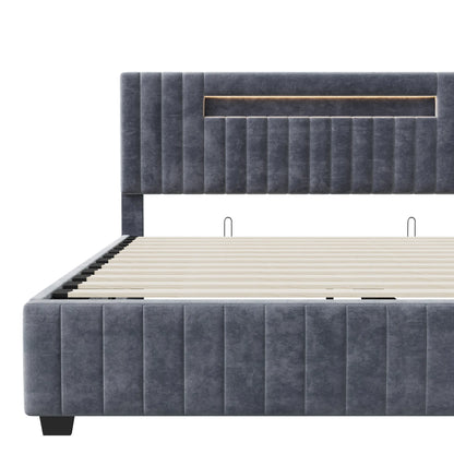 Rosahqnda Polsterbett, Hydraulisches Doppelbett mit LED-Lichtleiste und großem Stauraum, 140-160 x 200 cm, Weiß/Grau