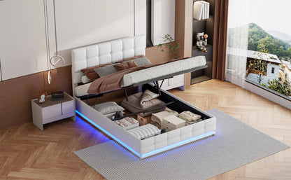 Rosahqnda Gepolstertes hydraulisches Bett 140 * 200 cm mit LED-verstellbarem Kopfteil, moderner Doppelbettrahmen mit Stauraum,PU